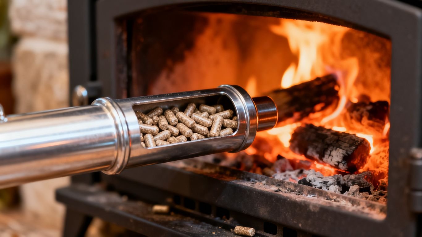 Adaptateur de granulés dans une cheminée avec un feu de bois.